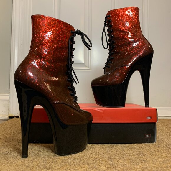 Pleaser ADORE Red Glitter Patented Ombre 7" Platform Stiletto Heel Lace Up Boots - Picture 6 of 16